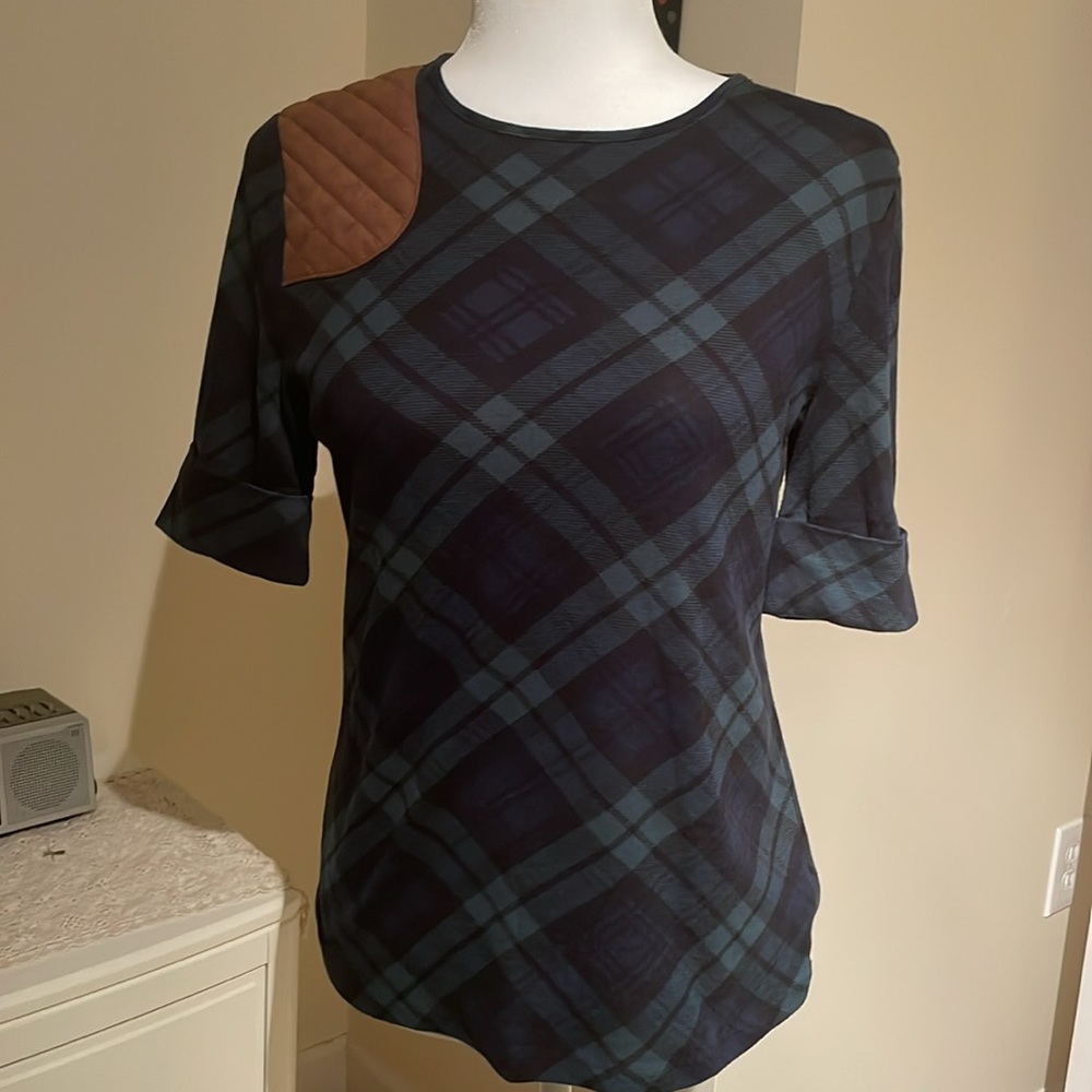Ralph Lauren Navy & Green Tartan Print Top, Size M, Like New Condition